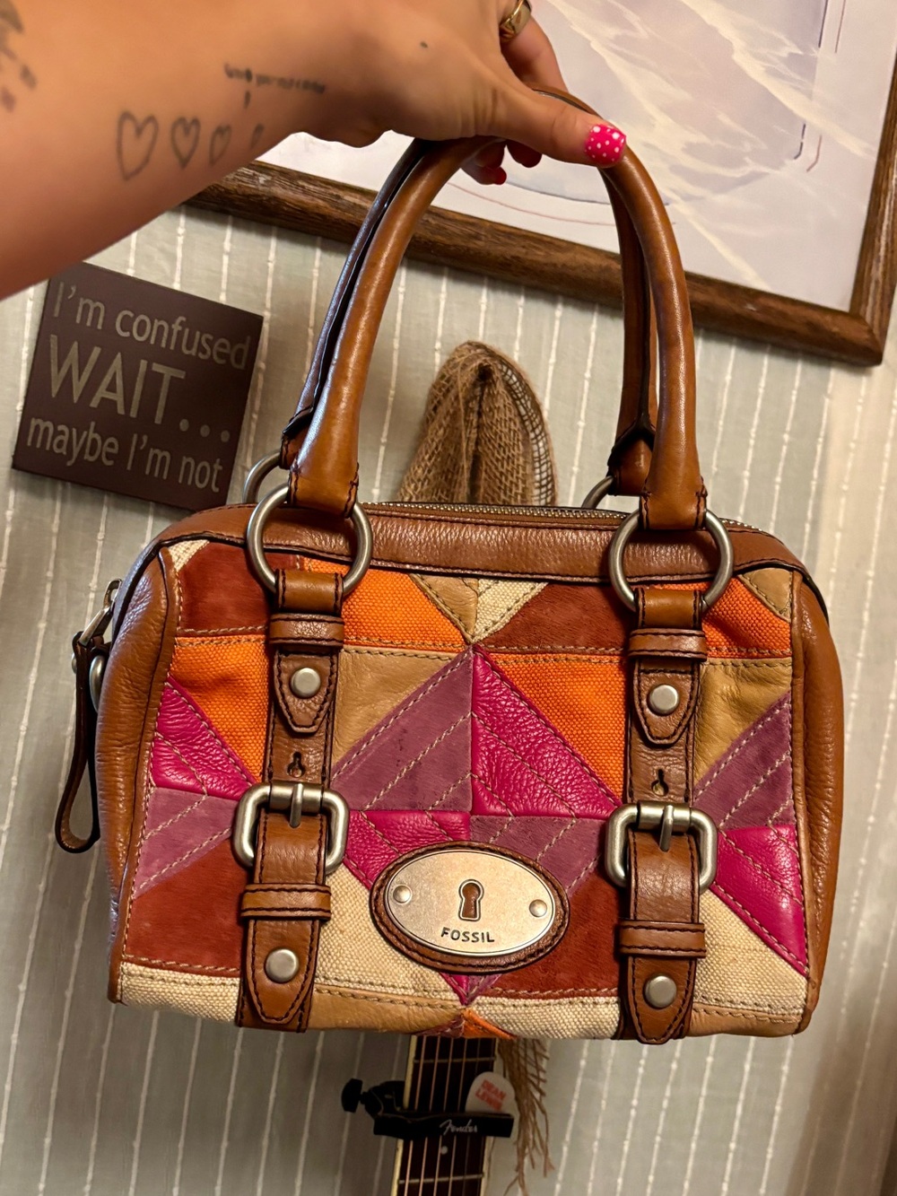 Vintage Y2K Fossil Patchwork Leather Bag 🧡🩷